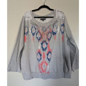 Plus Moda Sweatshirt Womens 2X Aztec Long Sleeve Gray Sweater Boho Lace Shoulder